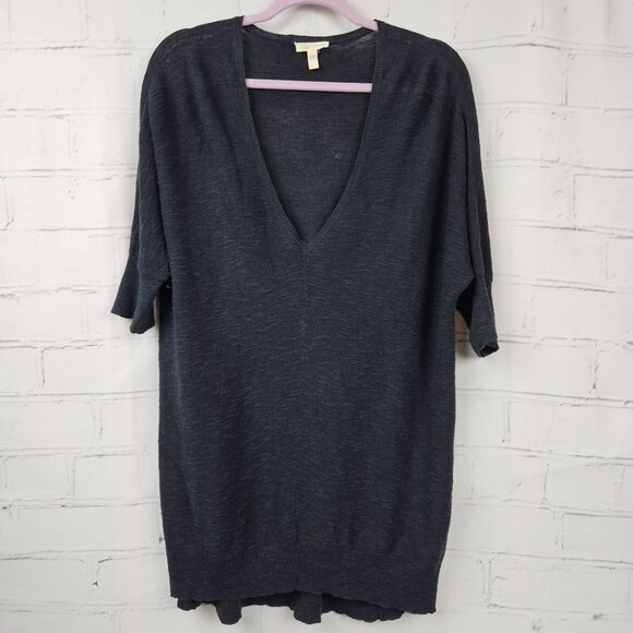 Eileen Fisher Sweater Top Womens L Linen Cotton Blend V Neck Short Sleeve Staple - Picture 1 of 11